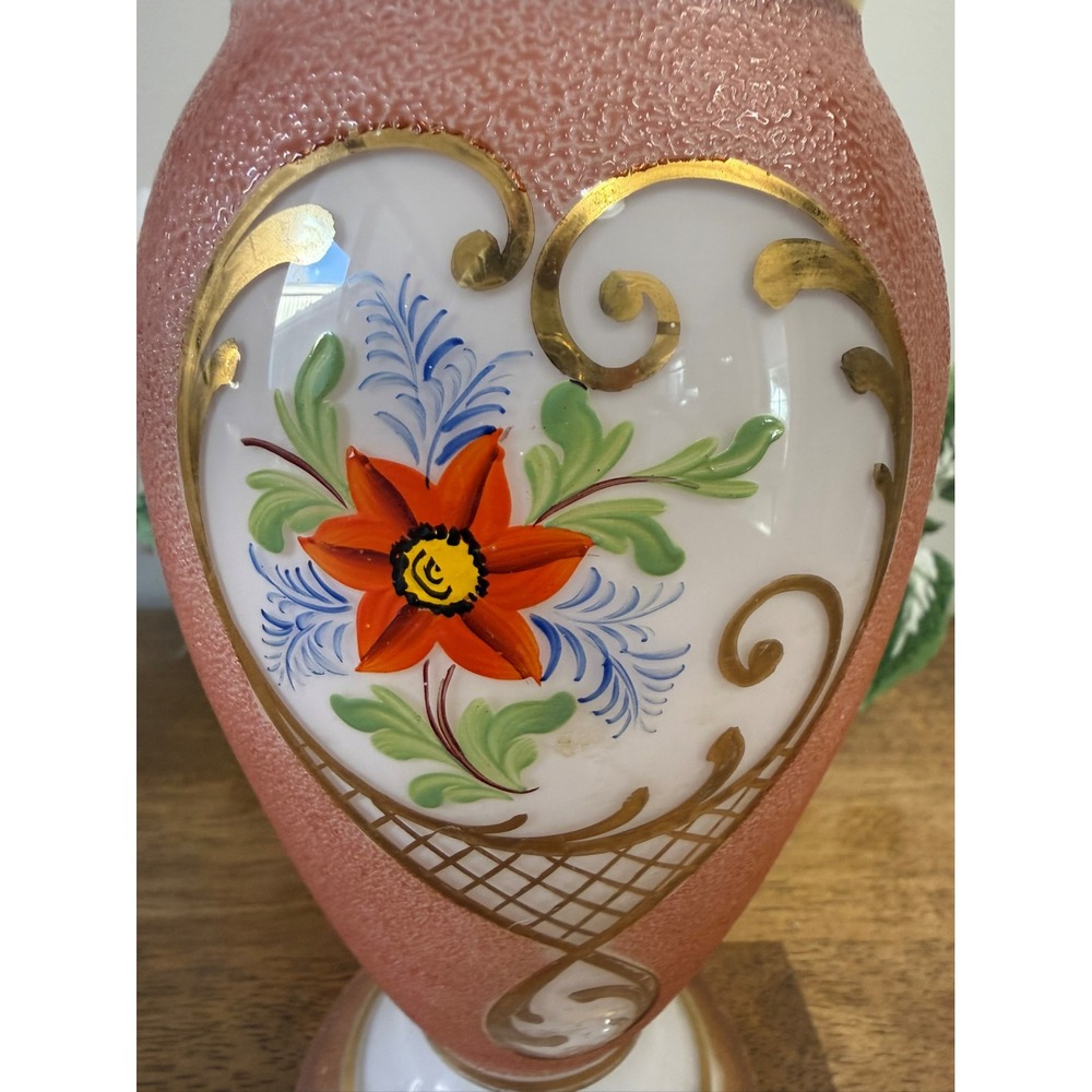 Vintage Hand-Painted Pink Textured Art‎ Glass Vase Floral Gold Accents MCM Decor - Picture 5 of 10